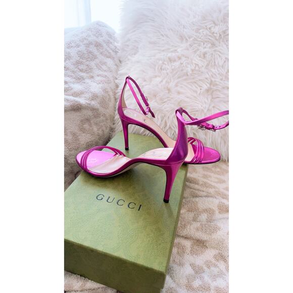GUCCI  Ilse Metallic Leather Sandals - Fuxia 38.5 - Picture 3 of 12